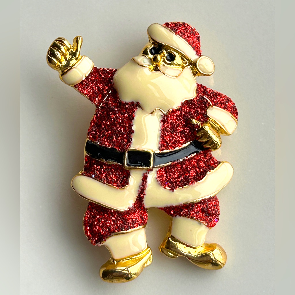 Vintage Gold Tone Santa Claus Red White Brooch Pin Christmas Euc
